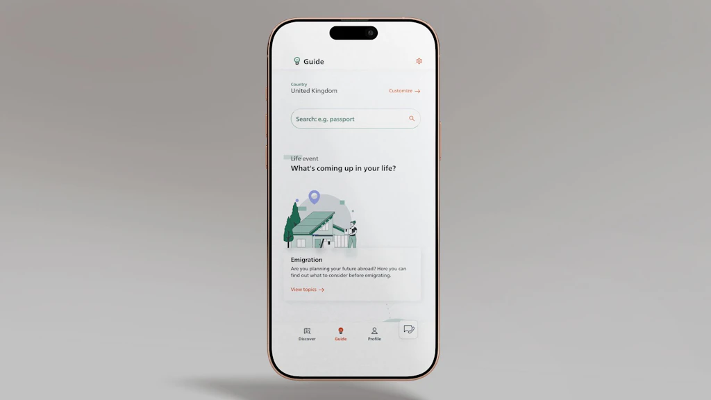 The image shows a smartphone on which the SwissInTouch app displays the 'Guide' feature.